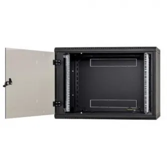 Rack de perete Triton sectiune simpla 6U 500mm adancime usa sticla panouri laterale fixe sectiuni ventilatie activa, sectiuni acces cabluri sus/jos/spate securizare cu cheie, 1 pereche montanti reglabili IP30 negru