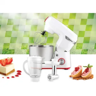 Robot de bucatarie Heinner HPM-1000WH, 1000W, miscare planetara, accesoriu masina de tocat si blender, bol 5.5 L, 10 viteze + pulse, Alb