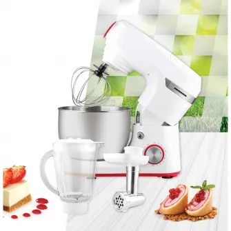 Robot de bucatarie Heinner HPM-1000WH, 1000W, miscare planetara, accesoriu masina de tocat si blender, bol 5.5 L, 10 viteze + pulse, Alb