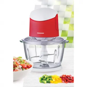 Tocator de legume Heinner HMC-K500WHR, 500W, 1 l, 2 cutite din inox, angrenaj metalic, baza anti-alunecare, bol sticla, sistem de siguranta, alb/rosu