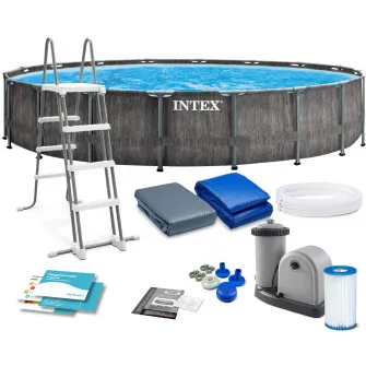 Piscina Intex 26744 cu cadru metalic 549x122 cm, GreyWood Premium, include pompa de filtrare, scara, acoperitoare si covor de piscina