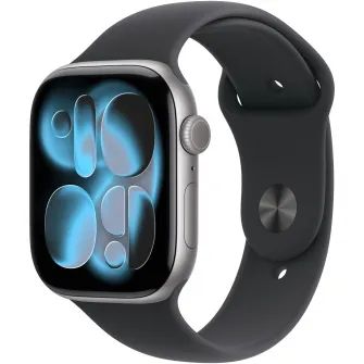 Apple Watch 11, Carcasa Space Grey Aluminium 42mm, Black Sport Band