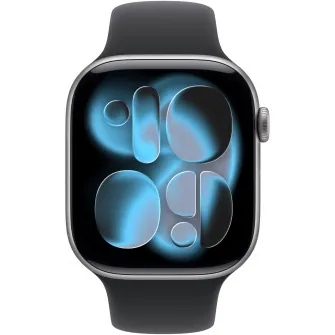 Apple Watch 11, Carcasa Space Grey Aluminium 42mm, Black Sport Band