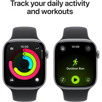 Apple Watch 11, Carcasa Space Grey Aluminium 42mm, Black Sport Band