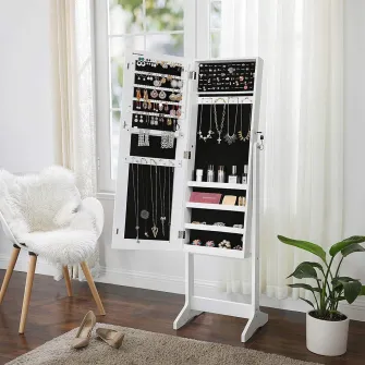 Dulap bijurerii cu oglinda, Songmics, Alb, 151.5x41x36.5 cm