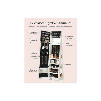 Dulap de bijuterii cu blocare, Songmics, Oglinda, JBC62W, 38 x 161 x 38 cm