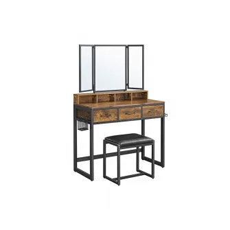 Masa de toaleta cu oglinda si taburet, Vasagle, RVT004B01, Maro Rustic, 40 x 90 x 141 cm