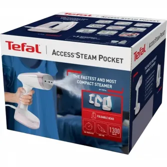 Aparat de calcat vertical cu abur Tefal Access Steam Pocket DT3050E1, 1300 W, abur variabil 20 g/min, Oprire automata, husa pentru transport, alb & roz