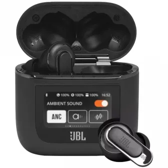Casti audio true wireless in-ear JBL Tour Pro 2, Smart Case, True Adaptive Noise Cancelling, Smart Ambient, Spatial Sound, Negru