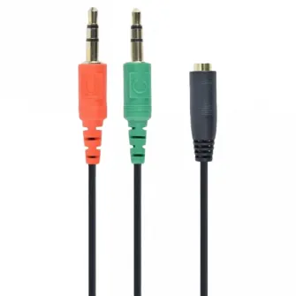 Аудио адаптер Cablexpert CCA-418, 3.5mm 4-pin (F) - 2x3.5mm 3-pin (M), 0,2м, Чёрный