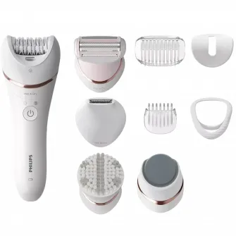 Epilator umed și uscat Philips BRE740/10, 9 accesorii, 32 pensete, utilizare fara fir, 2 setari viteza, opti-light, discuri ceramice, Alb
