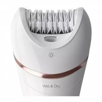 Epilator umed și uscat Philips BRE740/10, 9 accesorii, 32 pensete, utilizare fara fir, 2 setari viteza, opti-light, discuri ceramice, Alb