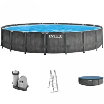 Piscina Intex 26744 Prism Frame Premium Set, Grey Wood, 549 x 549 x 122 cm, fara pompa de filtrare