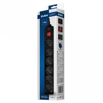 Surge Protector 6 Sockets, 1.8m, Sven Optima, BLACK, Retail color box, flame-retardant
