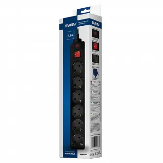 Surge Protector 6 Sockets, 5.0m, Sven Optima, BLACK, Retail color box, flame-retardant
