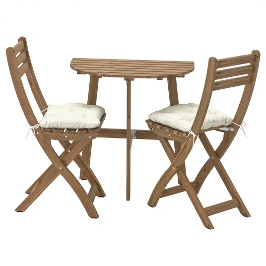 IKEA ASKHOLMEN Masa pentru perete+2 scaune, ext, maro-i/Kuddarna gri deschis-bej, 70x44 cm