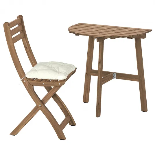 IKEA ASKHOLMEN Masa perete+scaun pliant,exterior, maro-i/Kuddarna gri deschis-bej, 70x44 cm