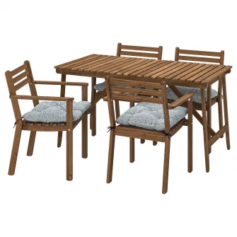 IKEA ASKHOLMEN Masa+4 scaune cu brate, exterior, maro-i/Klösan albastru, 143x75 cm