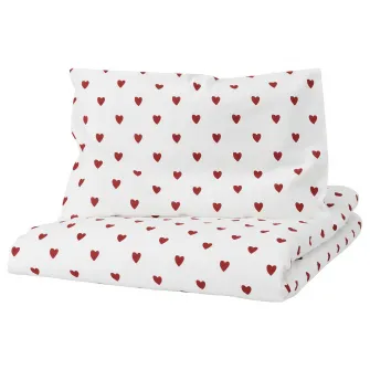 IKEA BARNDRÖM Husa pilota+1 fata perna patut, model inima/alb rosu, 110x125/35x55 cm