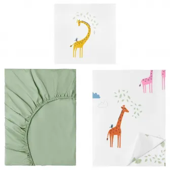 IKEA BERGFINK Lenjerie pat cu sac, set 3 piese, verde girafa, 150x200/50x60 cm