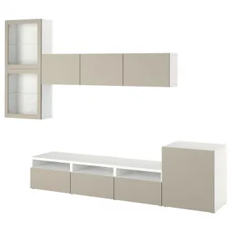 IKEA BESTÅ Ansamblu depozitare TV/usi sticla, alb Lappviken/gri deschis-bej sticla transparenta, 300x42x211 cm