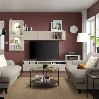 IKEA BESTÅ Ansamblu depozitare TV/usi sticla, alb Lappviken/gri deschis-bej sticla transparenta, 300x42x211 cm