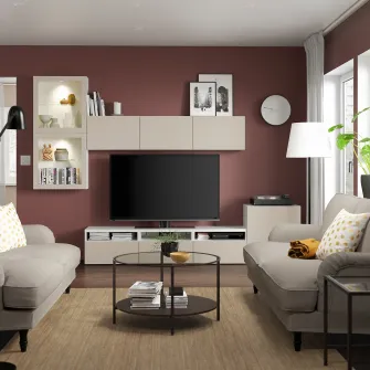 IKEA BESTÅ Ansamblu depozitare TV/usi sticla, alb Lappviken/gri deschis-bej sticla transparenta, 300x42x211 cm