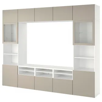 IKEA BESTÅ Ansamblu depozitare TV/usi sticla, alb Sindvik/Lappviken gri deschis/bej, 300x42x231 cm