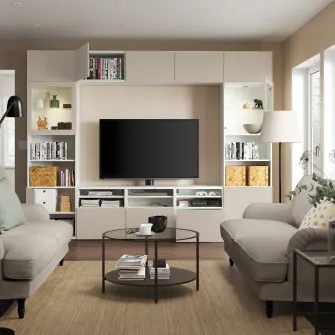 IKEA BESTÅ Ansamblu depozitare TV/usi sticla, alb Sindvik/Lappviken gri deschis/bej, 300x42x231 cm