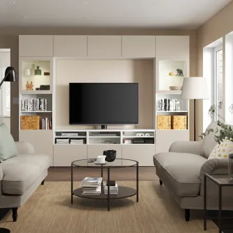 IKEA BESTÅ Ansamblu depozitare TV/usi sticla, alb Sindvik/Lappviken gri deschis/bej, 300x42x231 cm