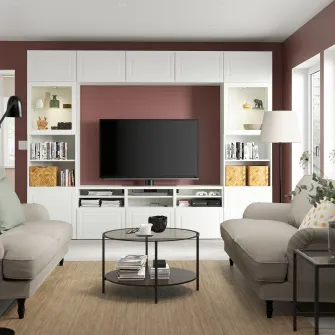 IKEA BESTÅ Ansamblu depozitare TV/usi sticla, alb Smeviken/Ostvik stc a tr, 300x42x231 cm