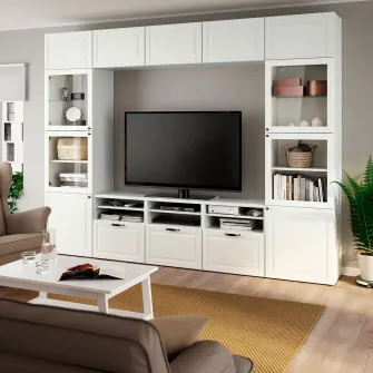 IKEA BESTÅ Ansamblu depozitare TV/usi sticla, alb Smeviken/Ostvik stc a tr, 300x42x231 cm