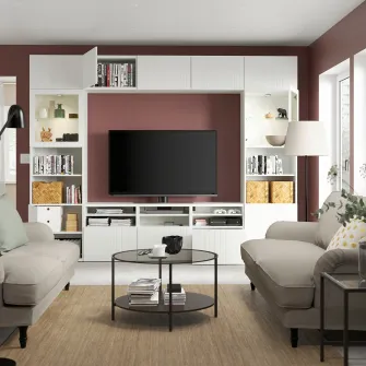 IKEA BESTÅ Ansamblu depozitare TV/usi sticla, alb Sutterviken/Sindvik stc a tr, 300x42x231 cm