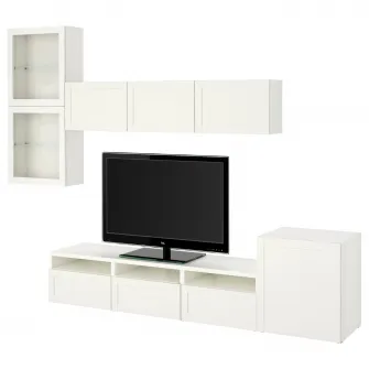 IKEA BESTÅ Ansamblu depozitare TV/usi sticla, alb/Hanviken stc a tr, 300x42x211 cm