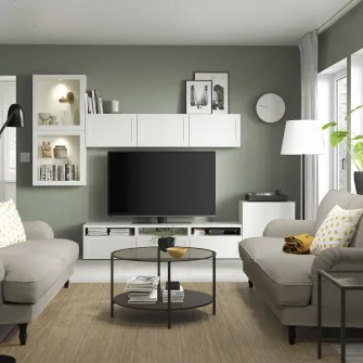 IKEA BESTÅ Ansamblu depozitare TV/usi sticla, alb/Hanviken stc a tr, 300x42x211 cm