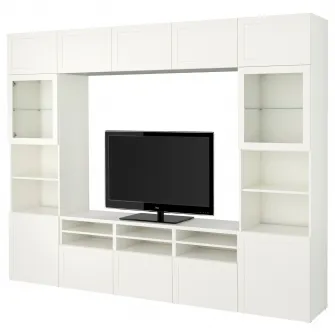 IKEA BESTÅ Ansamblu depozitare TV/usi sticla, alb/Hanviken stc a tr, 300x42x231 cm