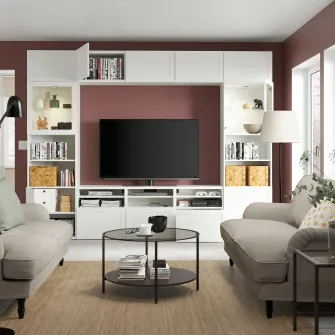 IKEA BESTÅ Ansamblu depozitare TV/usi sticla, alb/Hanviken stc a tr, 300x42x231 cm