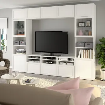 IKEA BESTÅ Ansamblu depozitare TV/usi sticla, alb/Hanviken stc a tr, 300x42x231 cm