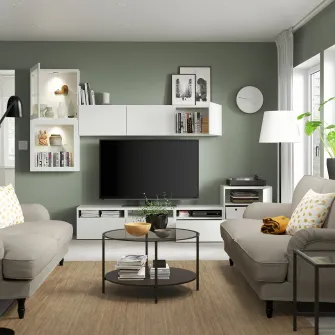IKEA BESTÅ Ansamblu depozitare TV/usi sticla, alb/Lappviken stc a tr, 300x42x211 cm