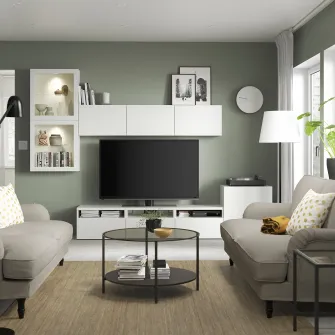 IKEA BESTÅ Ansamblu depozitare TV/usi sticla, alb/Lappviken stc a tr, 300x42x211 cm