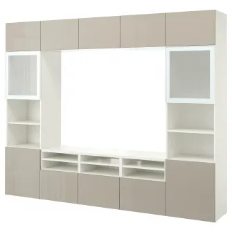 IKEA BESTÅ Ansamblu depozitare TV/usi sticla, alb/Selsviken lucios/sticla mata bej, 300x42x231 cm