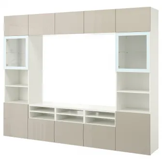 IKEA BESTÅ Ansamblu depozitare TV/usi sticla, alb/Selsviken lucios/sticla transparenta bej, 300x42x231 cm