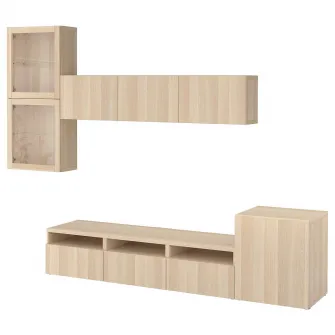 IKEA BESTÅ Ansamblu depozitare TV/usi sticla, aspect stejar antichizat/Lappviken sticla transp. aspect stejar alb, 300x42x211 cm
