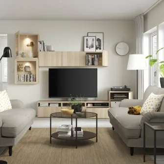 IKEA BESTÅ Ansamblu depozitare TV/usi sticla, aspect stejar antichizat/Lappviken sticla transp. aspect stejar alb, 300x42x211 cm