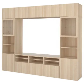 IKEA BESTÅ Ansamblu depozitare TV/usi sticla, aspect stejar antichizat/Lappviken sticla transp. aspect stejar alb, 300x42x231 cm