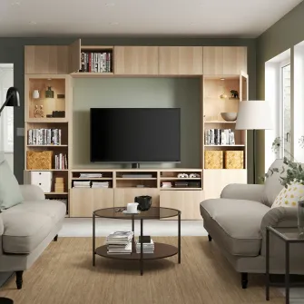 IKEA BESTÅ Ansamblu depozitare TV/usi sticla, aspect stejar antichizat/Lappviken sticla transp. aspect stejar alb, 300x42x231 cm