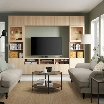 IKEA BESTÅ Ansamblu depozitare TV/usi sticla, aspect stejar antichizat/Lappviken sticla transp. aspect stejar alb, 300x42x231 cm