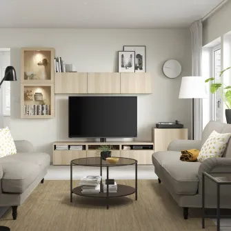 IKEA BESTÅ Ansamblu depozitare TV/usi sticla, aspect stejar antichizat/Lappviken sticla transp. aspect stejar alb, 300x42x211 cm