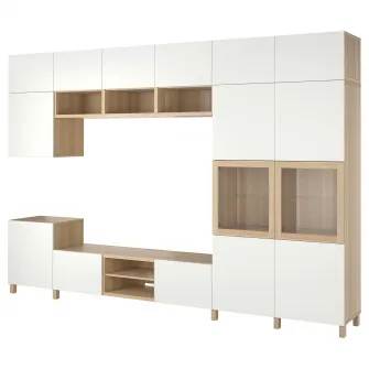 IKEA BESTÅ Ansamblu depozitare TV/usi sticla, furnir stejar alb Lappviken/Sindvik sticla transparenta, 360x42x240 cm