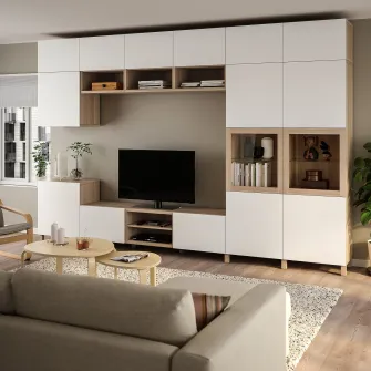 IKEA BESTÅ Ansamblu depozitare TV/usi sticla, furnir stejar alb Lappviken/Sindvik sticla transparenta, 360x42x240 cm